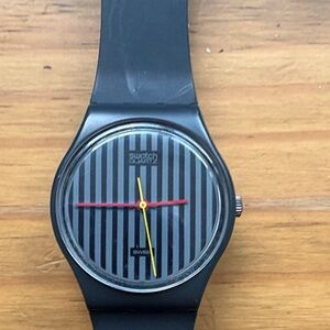 Swatch “Pinsteipe”. Black and Red Striped Smartwatch circa 1985